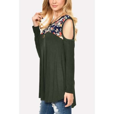 Army-green Floral Cold Shoulder Long Sleeve Casual T Shirt