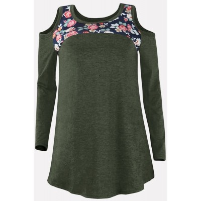 Army-green Floral Cold Shoulder Long Sleeve Casual T Shirt