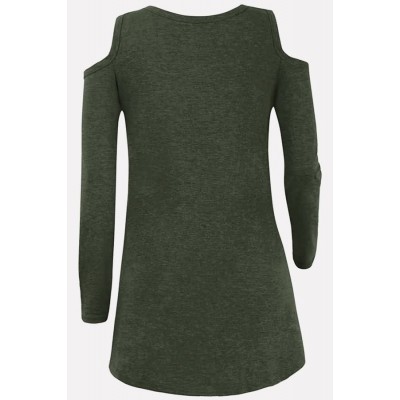 Army-green Floral Cold Shoulder Long Sleeve Casual T Shirt