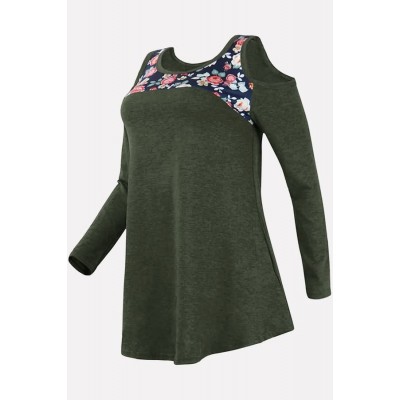 Army-green Floral Cold Shoulder Long Sleeve Casual T Shirt