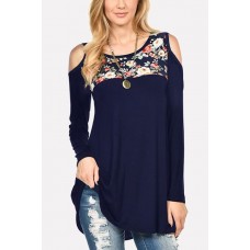 Dark-Floral Cold Shoulder Long Sleeve Casual T Shirt