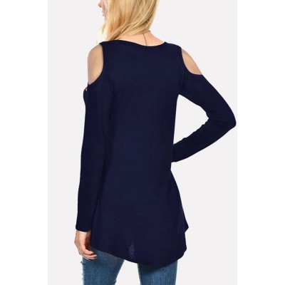 Dark-Floral Cold Shoulder Long Sleeve Casual T Shirt