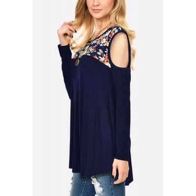 Dark-Floral Cold Shoulder Long Sleeve Casual T Shirt