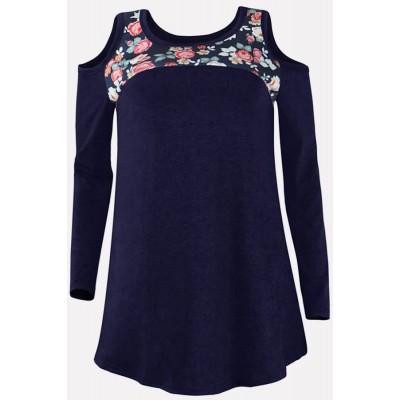 Dark-Floral Cold Shoulder Long Sleeve Casual T Shirt