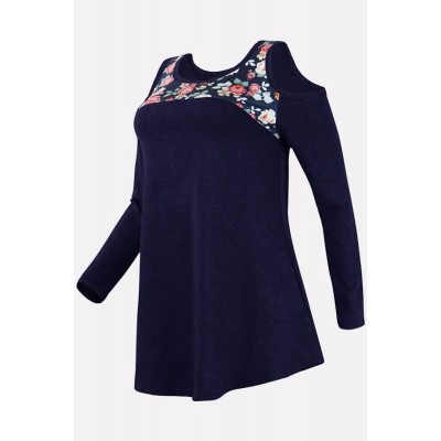 Dark-Floral Cold Shoulder Long Sleeve Casual T Shirt