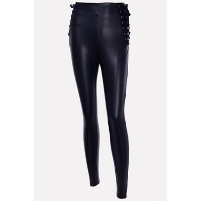 Black Faux Leather Lace Up High Waist Sexy Leggings