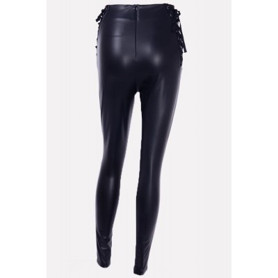 Black Faux Leather Lace Up High Waist Sexy Leggings