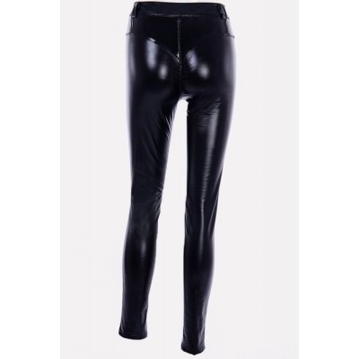 Black Faux Leather Button High Waist Sexy Leggings