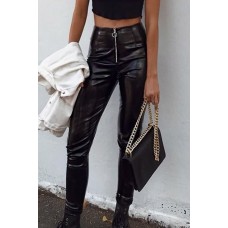 Black Faux Leather O Ring Zipper High Waist Sexy Leggings