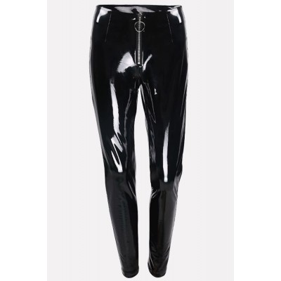 Black Faux Leather O Ring Zipper High Waist Sexy Leggings