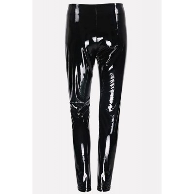 Black Faux Leather O Ring Zipper High Waist Sexy Leggings