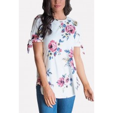 Floral Tied Cuff Short Sleeve Casual T-shirt