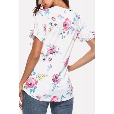 Floral Tied Cuff Short Sleeve Casual T-shirt