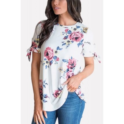 Floral Tied Cuff Short Sleeve Casual T-shirt