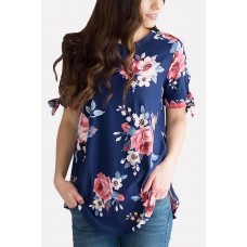 Floral Tied Cuff Round Neck Short Sleeve Casual T-shirt