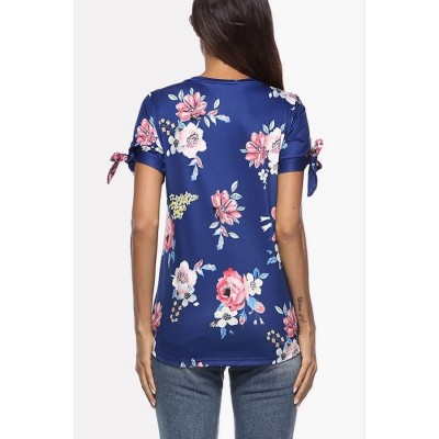 Floral Tied Cuff Round Neck Short Sleeve Casual T-shirt