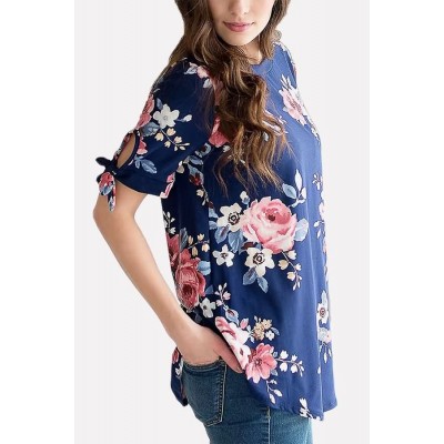 Floral Tied Cuff Round Neck Short Sleeve Casual T-shirt