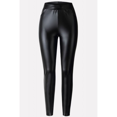 Black Faux Leather High Waist Back Pocket Sexy Leggings