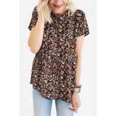 Black Floral Peplum Short Sleeve Casual T Shirt