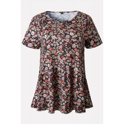 Black Floral Peplum Short Sleeve Casual T Shirt