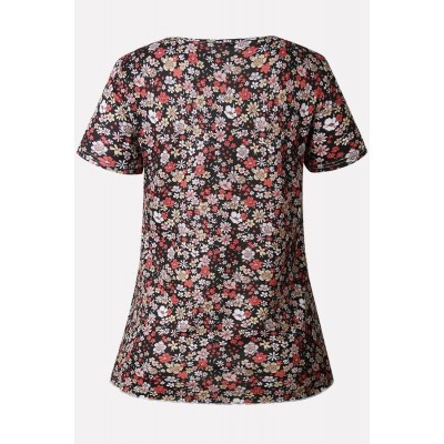 Black Floral Peplum Short Sleeve Casual T Shirt