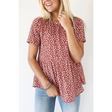 Red Floral Peplum Short Sleeve Casual T Shirt