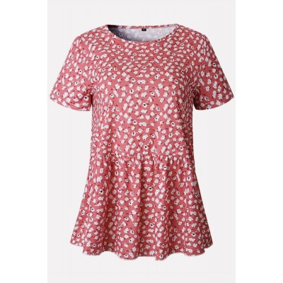 Red Floral Peplum Short Sleeve Casual T Shirt