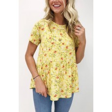 Yellow Floral Peplum Short Sleeve Casual T Shirt