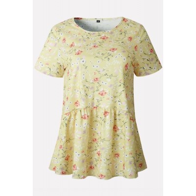 Yellow Floral Peplum Short Sleeve Casual T Shirt