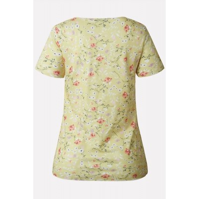 Yellow Floral Peplum Short Sleeve Casual T Shirt