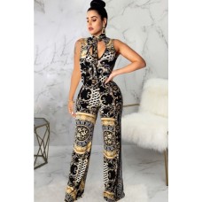 Black Tribal Tied Neck Cutout Sleeveless Sexy Jumpsuit