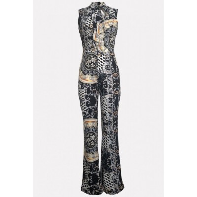 Black Tribal Tied Neck Cutout Sleeveless Sexy Jumpsuit