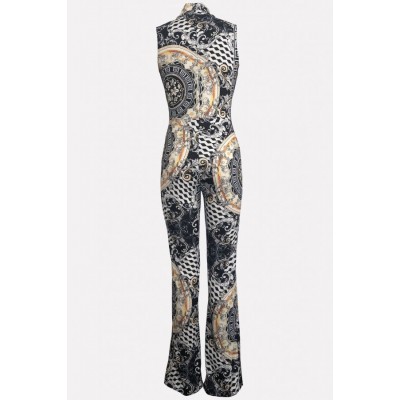 Black Tribal Tied Neck Cutout Sleeveless Sexy Jumpsuit