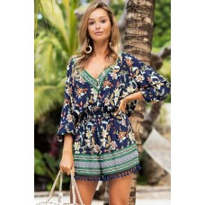 Dark-Boho Floral Tassels Decor V Neck Casual Romper