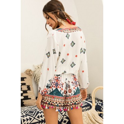 Tribal Tassels Decor V Neck Casual Romper