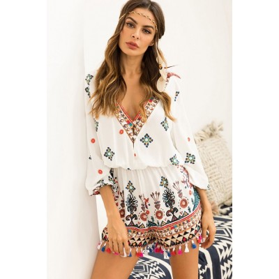 Tribal Tassels Decor V Neck Casual Romper