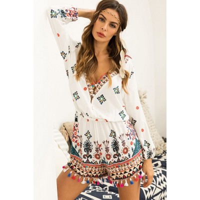 Tribal Tassels Decor V Neck Casual Romper