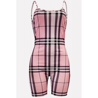 Pink Plaid Spaghetti Straps Backless Sexy Plus Size Romper