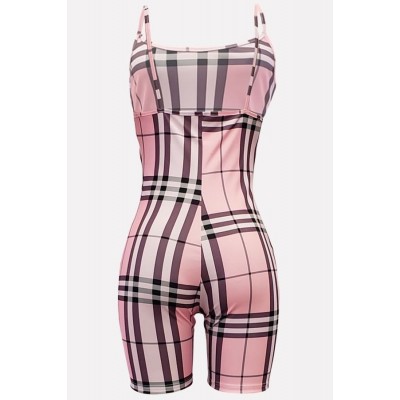 Pink Plaid Spaghetti Straps Backless Sexy Plus Size Romper