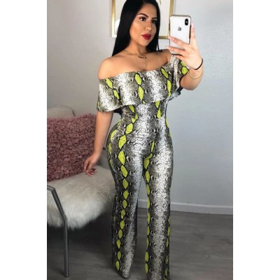 Snakeskin Off Shoulder Ruffles Sexy Jumpsuit