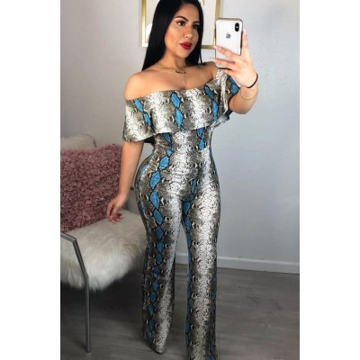 Snakeskin Off Shoulder Ruffles Sexy Jumpsuit