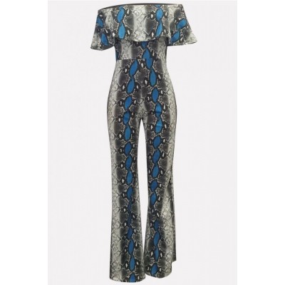 Snakeskin Off Shoulder Ruffles Sexy Jumpsuit