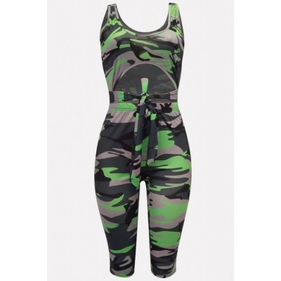 Neon Green Camouflage U Neck Cutout Sleeveless Sexy Romper