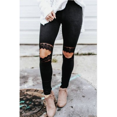 Black Lace Decor Cutout Knee Skinny Casual Leggings