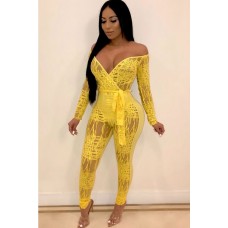 Yellow Plunging Tied Long Sleeve Sexy Jumpsuit