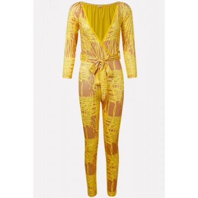 Yellow Plunging Tied Long Sleeve Sexy Jumpsuit