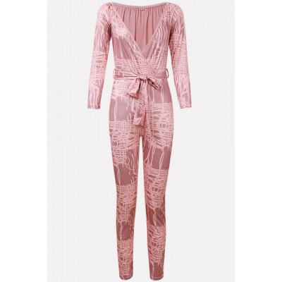 Pink Plunging Tied Long Sleeve Sexy Jumpsuit