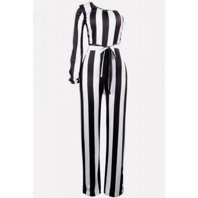 Black Stripe One Shoulder Tied Sexy Jumpsuit