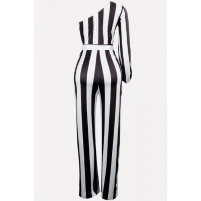 Black Stripe One Shoulder Tied Sexy Jumpsuit