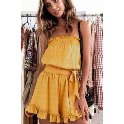 Yellow Strapless Ruffles Trim Bow Tied Casual Romper